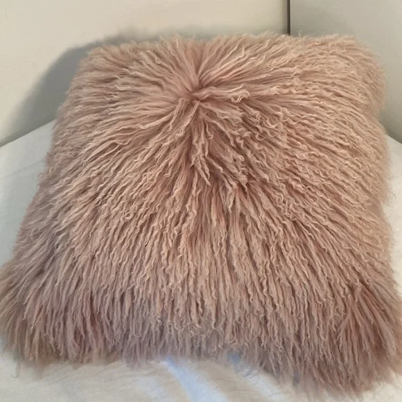 West Elm Mongolian Lamb Fur Pillow cover pink 24”